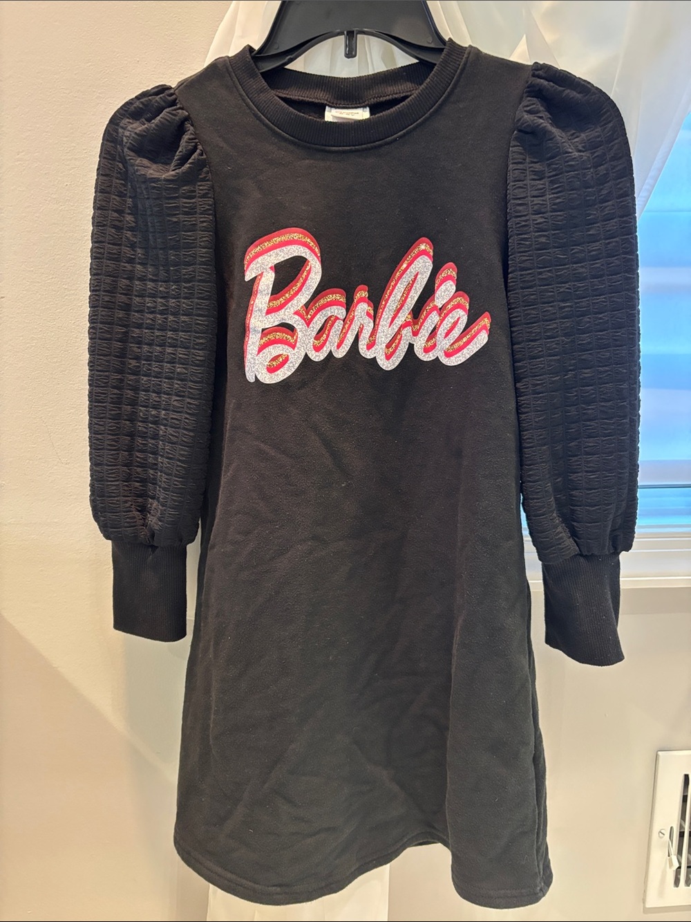 Barbie Black Dress with Glitter Distressed  Pink Logo and Puff Sleeves Size 8-9